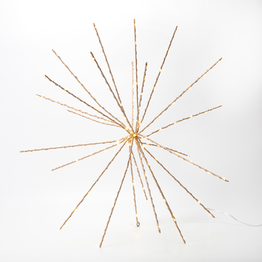 Starburst luminoso di Natale da 50 cm con telaio bronzo glitterato e 168 mini LED bianco caldo, su fondo bianco