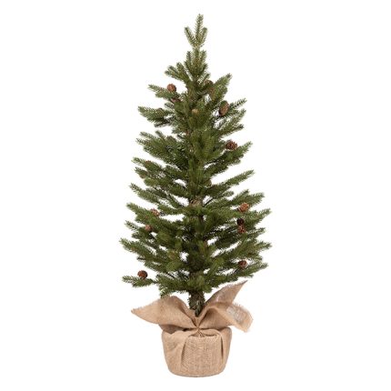 Albero di Natale artificiale verde con pigne alto 91 cm, base avvolta in un sacco di juta con fiocco, fotografia del prodotto su fondo bianco