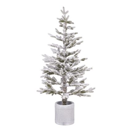 Albero di Natale artificiale innevato alto 120 cm con vaso cilindrico grigio chiaro a rilievo, fotografia del prodotto su fondo bianco