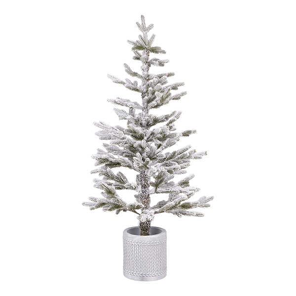 eurolamp-600-48783 Albero di Natale artificiale innevato alto 120 cm con vaso cilindrico grigio chiaro a rilievo, fotografia del prodotto su fondo bianco