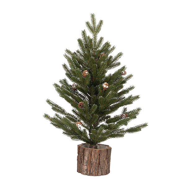 eurolamp-600-48785 Albero di Natale artificiale verde con piccole pigne alto 61 cm in un vaso ricavato da un tronco con la corteccia, fotografia del prodotto su fondo bianco