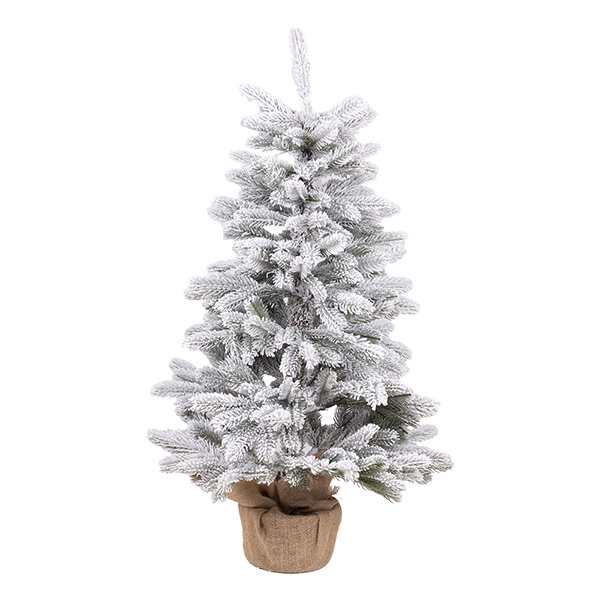 Albero di Natale artificiale innevato alto 91 cm con base avvolta in un sacco di juta, fotografia del prodotto su fondo bianco