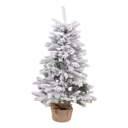 Albero di Natale artificiale innevato alto 91 cm con base avvolta in un sacco di juta, fotografia del prodotto su fondo bianco