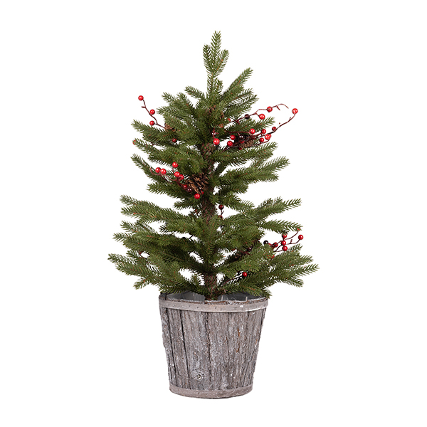 Albero di Natale artificiale verde con bacche rosse alto 61 cm in un vaso di legno a doghe, fotografia del prodotto su fondo bianco