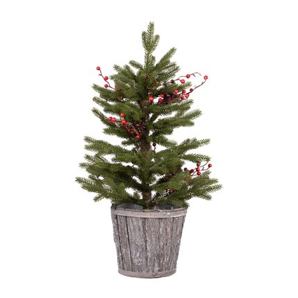 Albero di Natale artificiale verde con bacche rosse alto 61 cm in un vaso di legno a doghe, fotografia del prodotto su fondo bianco