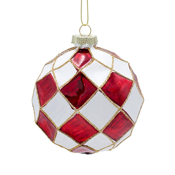 Palline di Natale in vetro a rombi in rilievo rosse e bianche — 10 cm, set da 4, fotografia su fondo bianco