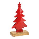 Alberello di Natale in metallo rosso su base in legno di mango, alto 20 cm