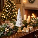 Immagine generata con AI. L'alberello di Natale in velluto bianco con base oro, alto 40 cm, su una credenza in noce tra una ghirlanda di abete ed eucalipto con lucine, palline oro, candele e pacchetti regalo; sullo sfondo un albero illuminato e il camino acceso. La ghirlanda, le palline, le candele e i pacchetti non sono compresi: si acquista l'alberello.