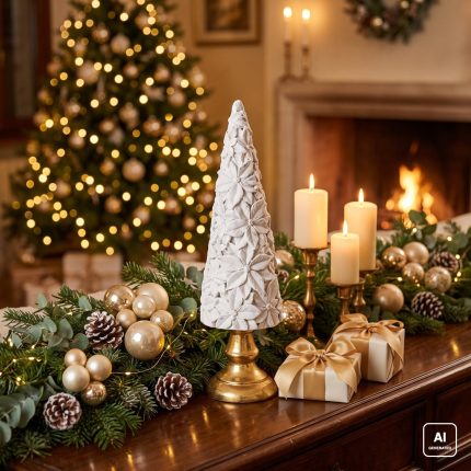 Immagine generata con AI. L'alberello di Natale in velluto bianco con base oro, alto 40 cm, su una credenza in noce tra una ghirlanda di abete ed eucalipto con lucine, palline oro, candele e pacchetti regalo; sullo sfondo un albero illuminato e il camino acceso. La ghirlanda, le palline, le candele e i pacchetti non sono compresi: si acquista l'alberello.