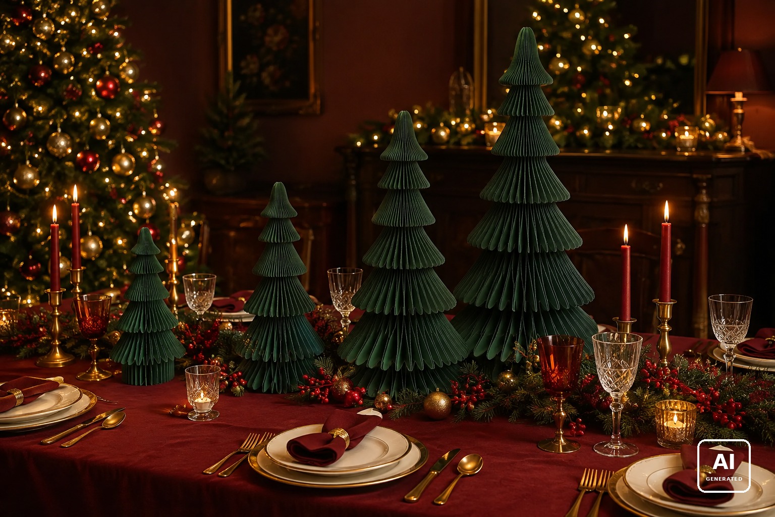 Alberi di Natale honeycomb slanciati in carta verde, nelle quattro altezze, su una tavola di Natale apparecchiata; immagine generata con AI, gli altri oggetti della scena non sono compresi