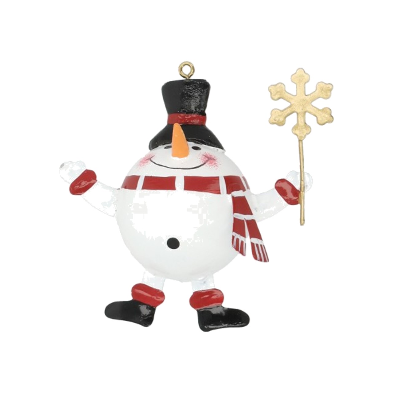 Appendino natalizio in metallo dipinto a forma di pupazzo di neve, corpo bianco con due bottoni neri, cilindro nero, naso a carota, sciarpa a righe rosse e bianche, muffole rosse e stivali neri, regge un fiocco di neve dorato; anellino dorato per appendere sulla sommità