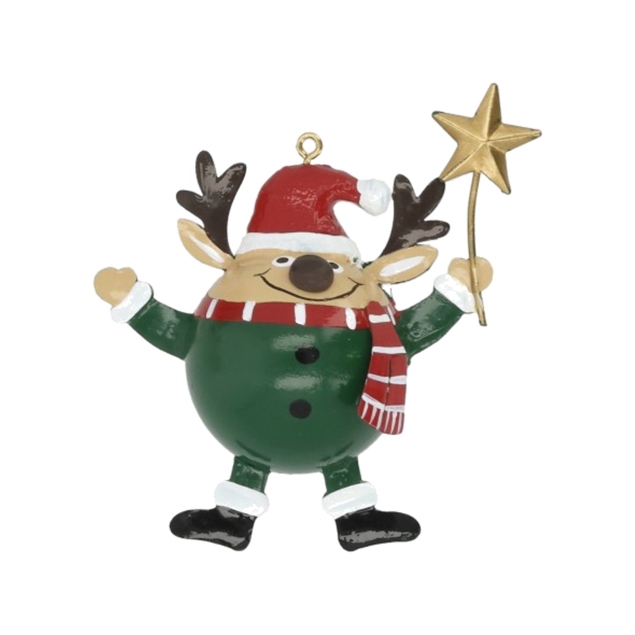 Appendino natalizio in metallo dipinto a forma di renna, corpo verde con due bottoni neri, corna scure, cappello rosso da Babbo Natale, sciarpa a righe rosse e bianche, stivali neri, regge una stella dorata; anellino dorato per appendere sulla sommità