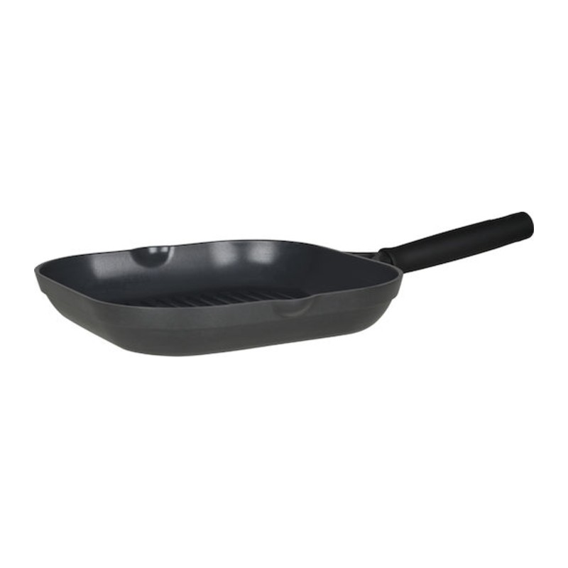 Bistecchiera Ceramiq in alluminio pressofuso nero con fondo rigato, diametro 28 cm, manico lungo in bachelite soft touch, fotografata su fondo bianco