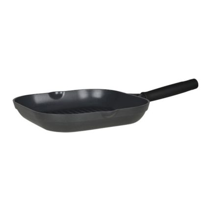 Bistecchiera Ceramiq in alluminio pressofuso nero con fondo rigato, diametro 28 cm, manico lungo in bachelite soft touch, fotografata su fondo bianco