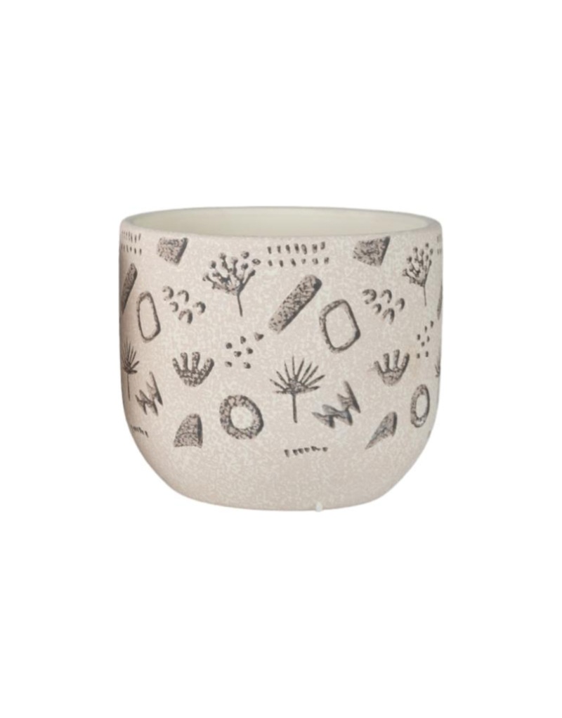 Cachepot in ceramica crema con decoro botanico inciso nero
