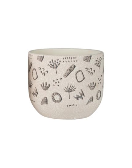 Cachepot in ceramica crema con decoro botanico inciso nero