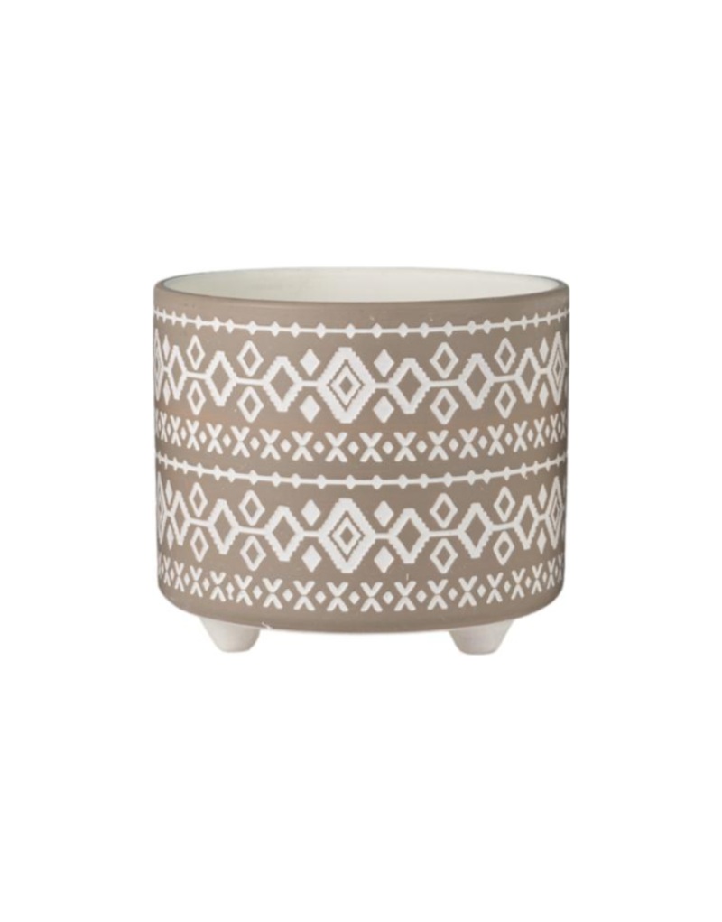 Cachepot in ceramica tortora con fascia geometrica bianca di gusto etnico, su tre piedini