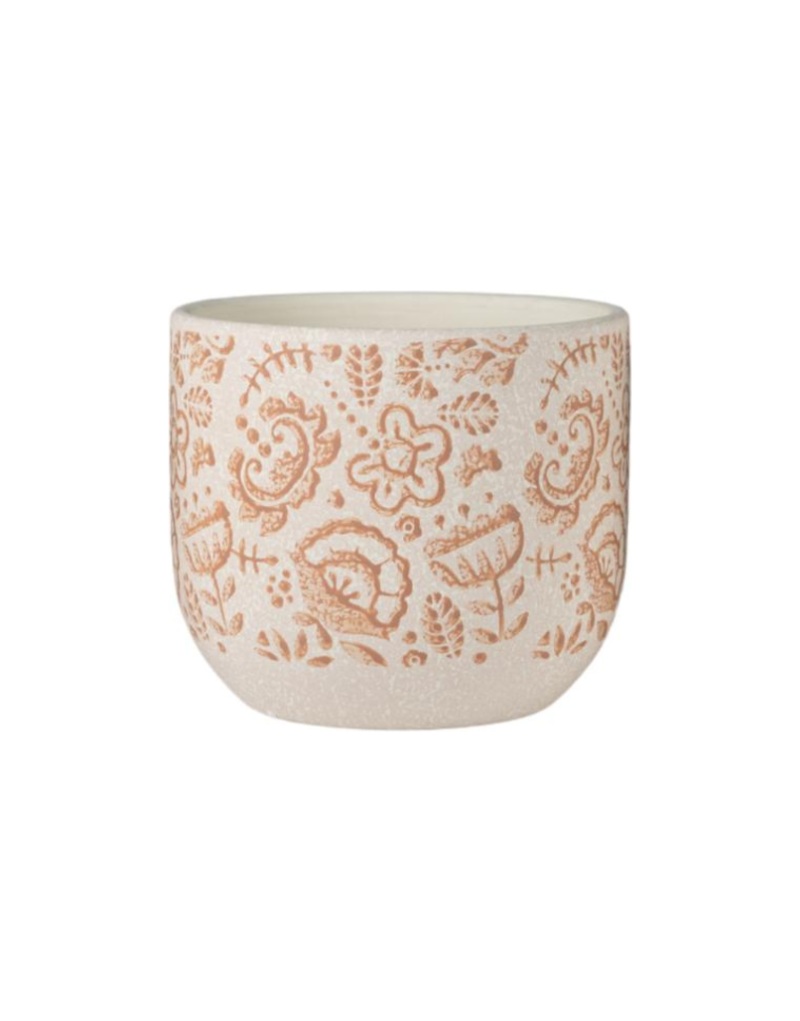 Cachepot in ceramica crema con decoro floreale inciso color terracotta