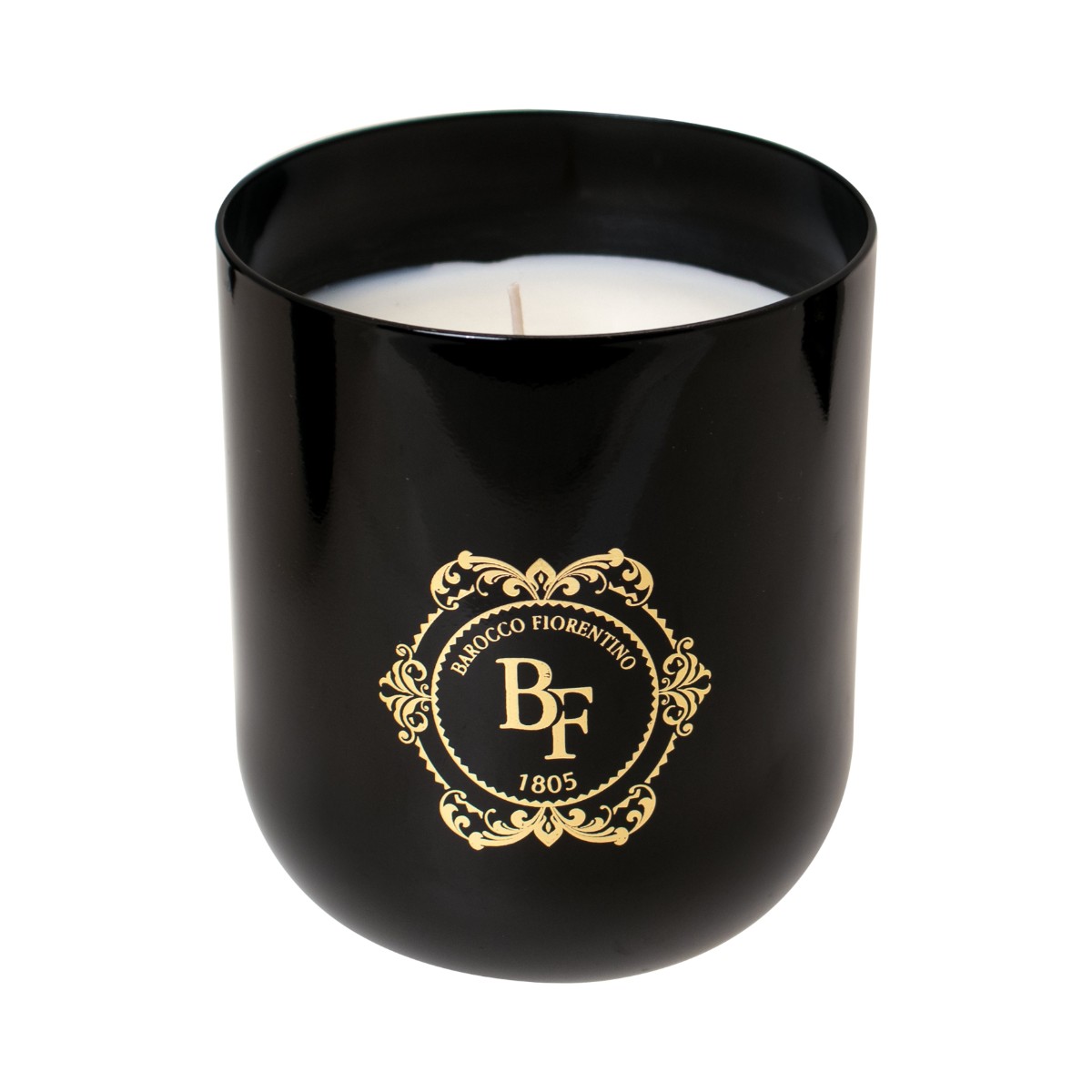 candela-profumata-barocco-fiorentino-vetro-nero-decorato-275g-dpot Candela profumata Barocco Fiorentino nel vaso di vetro nero con monogramma e decoro barocco oro, fotografia su fondo bianco