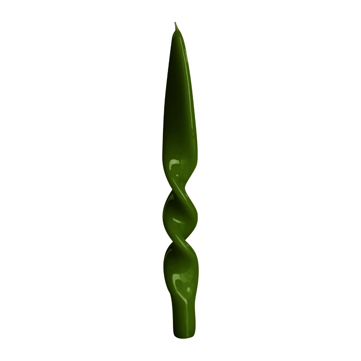Candela tortiglione laccata Denise Ceralacca color verde oliva, alta 28 cm, fotografia su fondo bianco