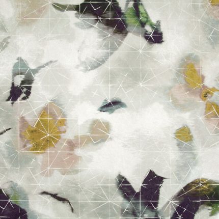 Campione di carta da parati Orimono nella colorazione Lotus (W927/03) di Black Edition: foglie e petali sfumati attraversati da sottili linee geometriche.