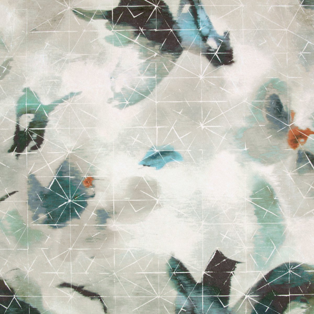 Carta da parati Orimono Peacock W927/02 — D•POT Campione di carta da parati Orimono nella colorazione Peacock (W927/02) di Black Edition: foglie e petali sfumati attraversati da sottili linee geometriche.