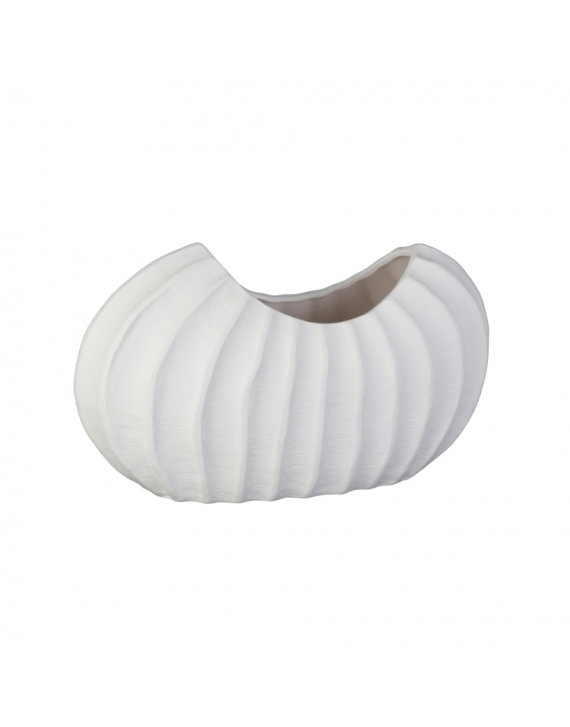centrotavola-covasna-ceramica-bianco-opaco-34-cm-dpot Centrotavola Covasna in ceramica bianco opaco, misura L 34 cm, su fondo bianco: forma ovale e schiacciata con coste verticali a rilievo e bocca allungata
