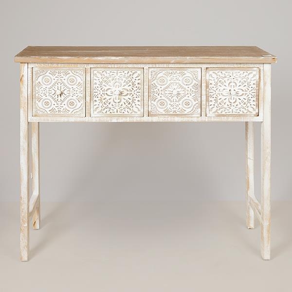 Consolle in legno bianco decapato con piano in legno naturale e quattro cassetti dal frontale intagliato, larga 103,5 cm, su fondo neutro