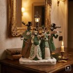 Immagine generata con AI. Il coro di cervi in abiti vittoriani in polyresina, con il lampione acceso, su una consolle in noce in un ingresso, davanti a uno specchio dorato. I libri, la candela con il portacandela, i rametti di abete e le fette d'arancia non sono compresi: si acquista la figura del coro.
