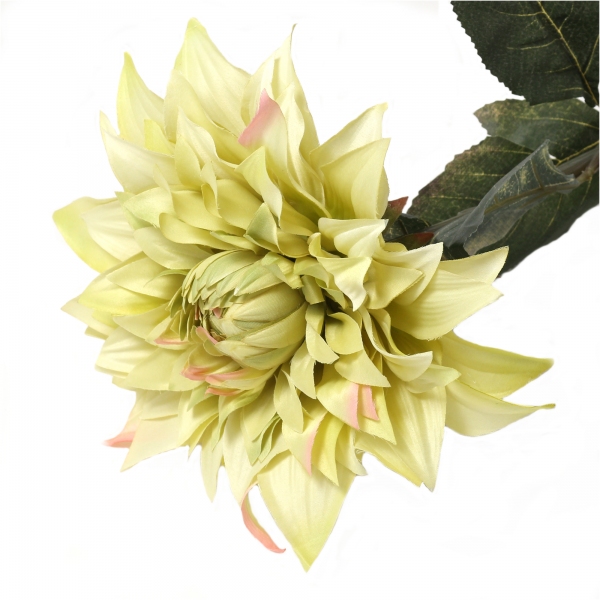 Dettaglio del fiore della dalia XL artificiale verde pistacchio con i petali in tessuto