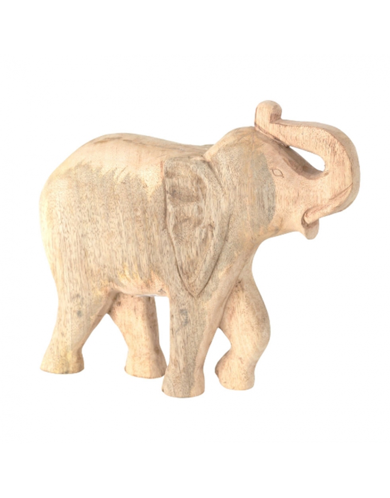elefante-decorativo-indu-legno-naturale-dpot Elefante decorativo Indu in legno naturale su fondo bianco: elefante in cammino con la proboscide sollevata, orecchie e zampe scolpite, venature del legno a vista