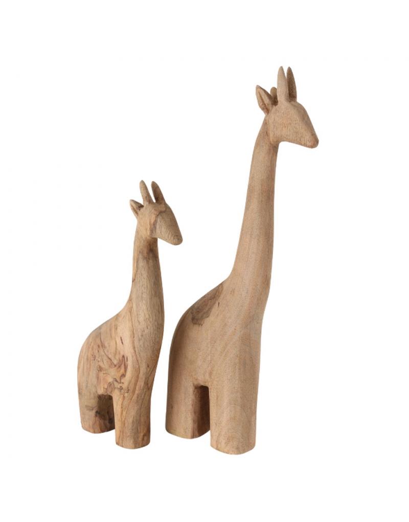 Le due misure della giraffa in legno naturale affiancate su fondo bianco: alta 55 cm e alta 40 cm