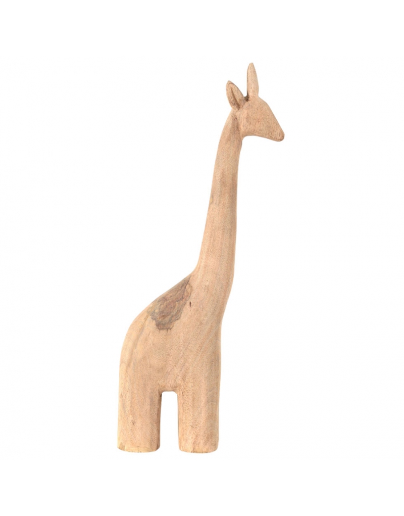 Giraffa decorativa in legno naturale su fondo bianco: figura stilizzata in piedi con collo lungo, orecchie e piccole corna, venature del legno a vista