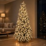 Ambientazione dell’albero di Natale Reykjavik 210 cm innevato in un soggiorno serale, addobbato con luci bianche calde che non sono incluse nel prodotto; immagine generata con AI