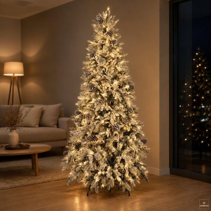 Ambientazione dell’albero di Natale Reykjavik 210 cm innevato in un soggiorno serale, addobbato con luci bianche calde che non sono incluse nel prodotto; immagine generata con AI