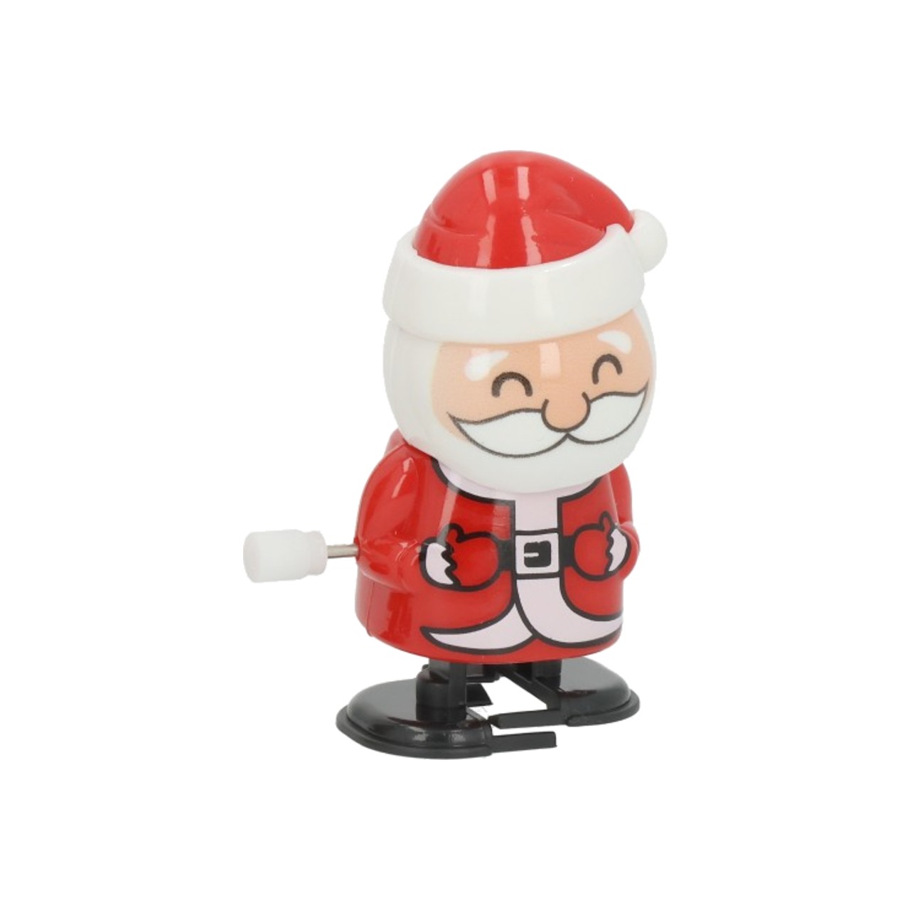 Figurina natalizia a carica in plastica a forma di Babbo Natale, cappotto rosso con cintura nera e fibbia, barba e baffi bianchi, berretto rosso con il bordo bianco, chiavetta di carica sul fianco e base nera con i piedini