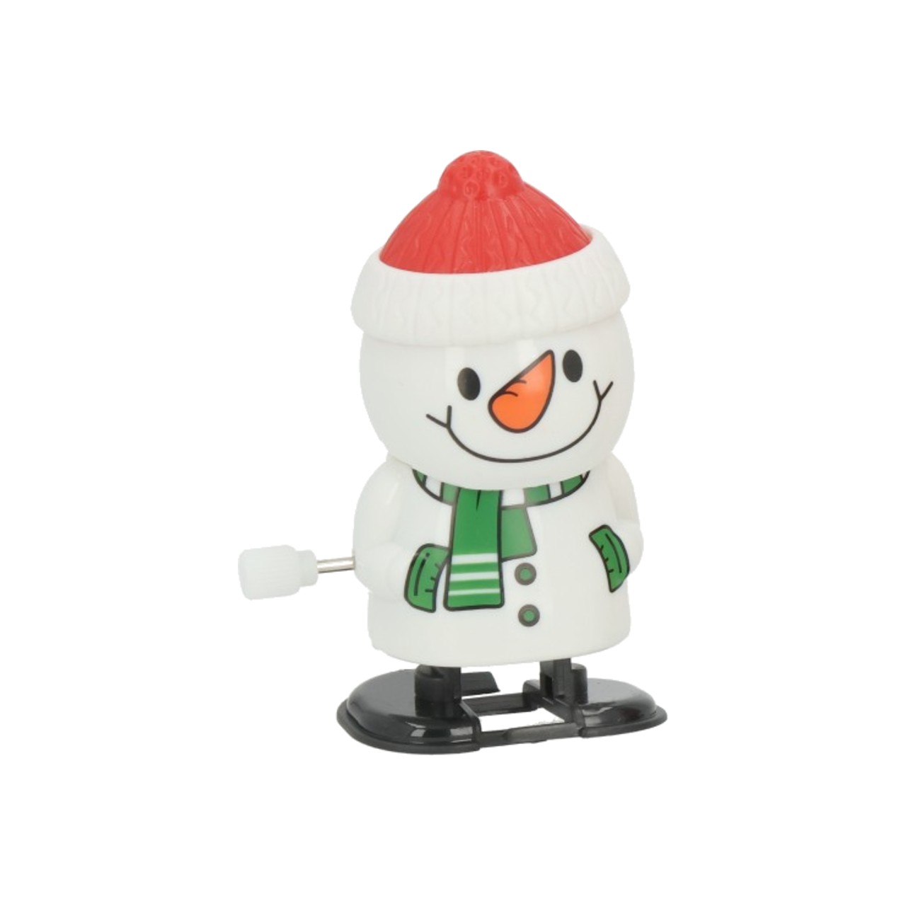 Figurina natalizia a carica in plastica a forma di pupazzo di neve, corpo bianco, berretto rosso con pompon e bordo bianco, naso a carota arancione, sciarpa verde a righe e bottoni verdi, chiavetta di carica sul fianco e base nera con i piedini