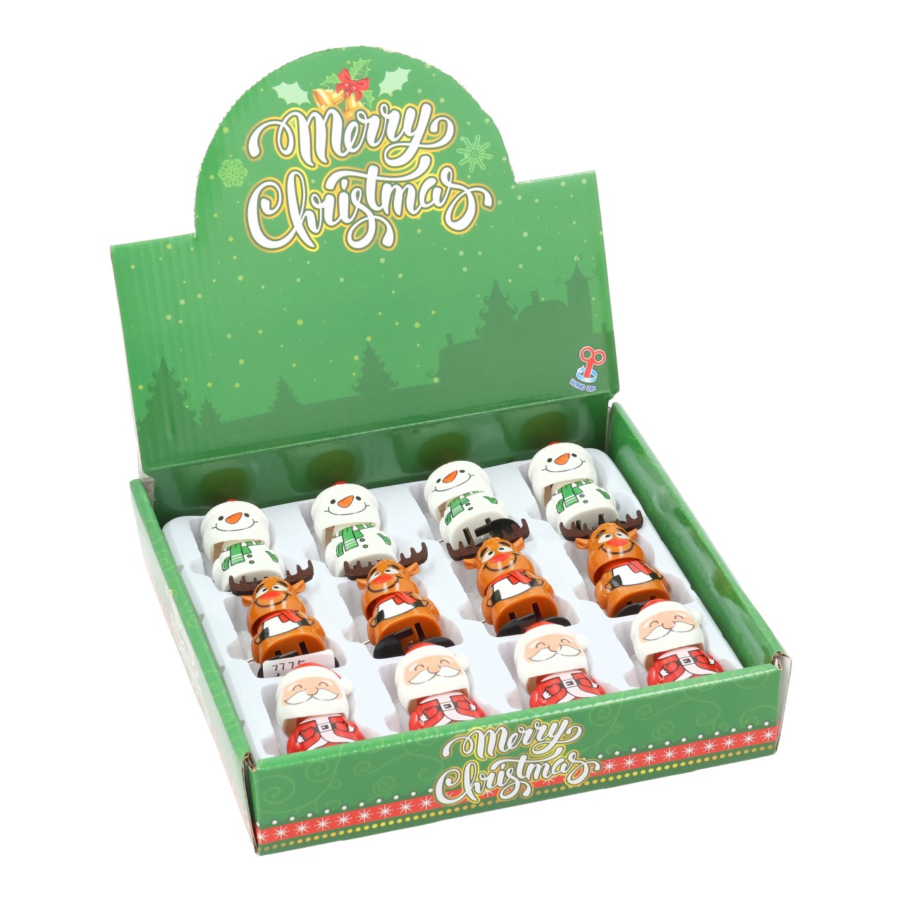 Espositore da banco in cartoncino verde con scritta Merry Christmas contenente dodici figurine natalizie a carica assortite nei tre soggetti, pupazzo di neve renna e Babbo Natale