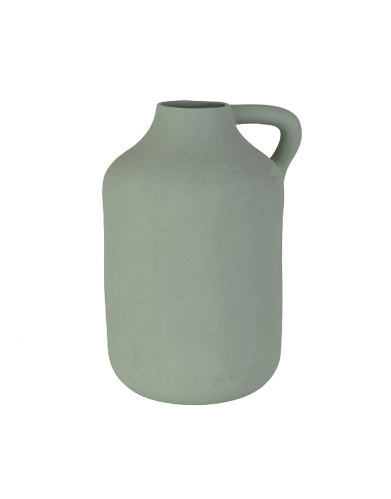 Vaso Mandla in ceramica verde acqua, misura alta 40 cm, su fondo bianco: corpo cilindrico con spalla arrotondata, collo corto e manico ad ansa