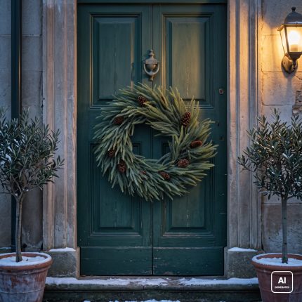 Immagine generata con AI. La ghirlanda di Natale Forest Glamour da 75 cm, con punte verdi lunghe e pigne, appesa a un portone verde bottiglia illuminato da una lanterna. La forma intera della corona è ricostruita dall'AI a partire dalla foto di dettaglio. Il portone, la lanterna e i vasi con gli ulivi non sono compresi: si acquista la ghirlanda.