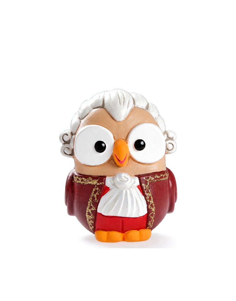 Statuina gufo Goofi Egan Amadeus Mozart in ceramica dipinta, su fondo bianco