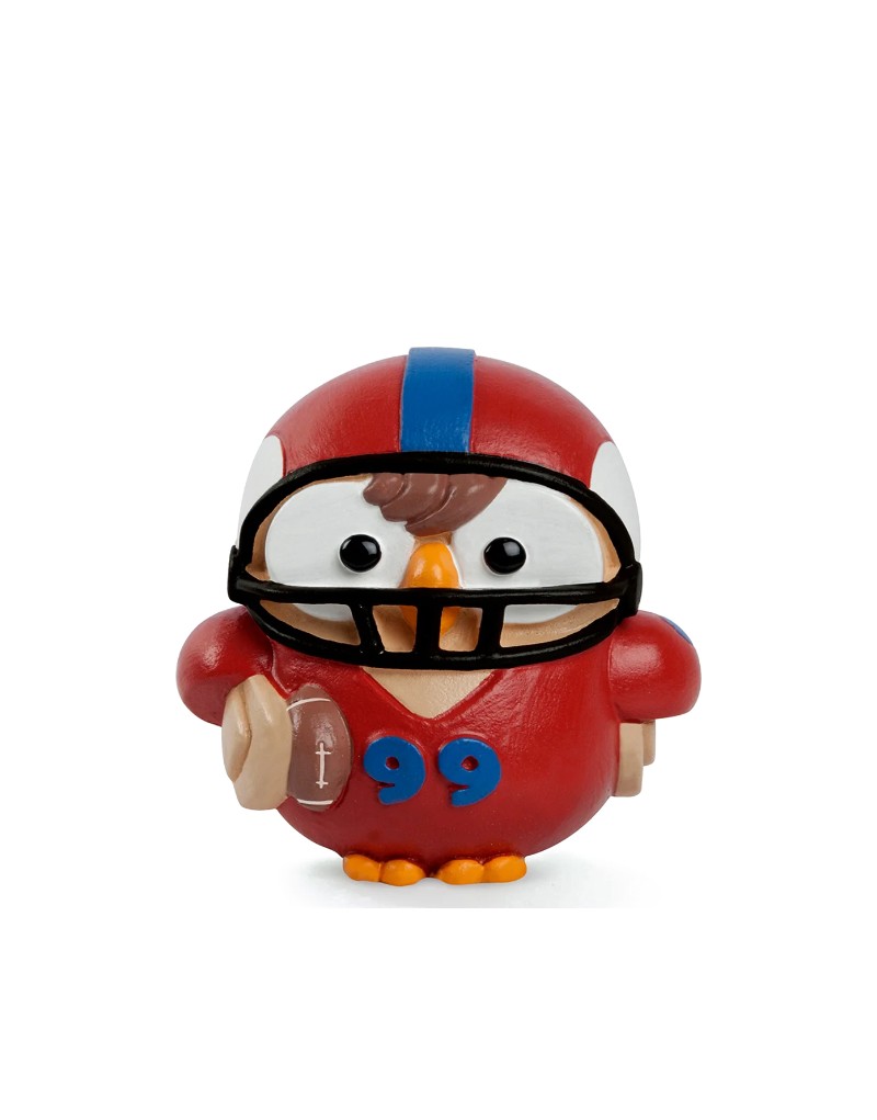 Statuina gufo Goofi Egan Football americano in ceramica dipinta, su fondo bianco