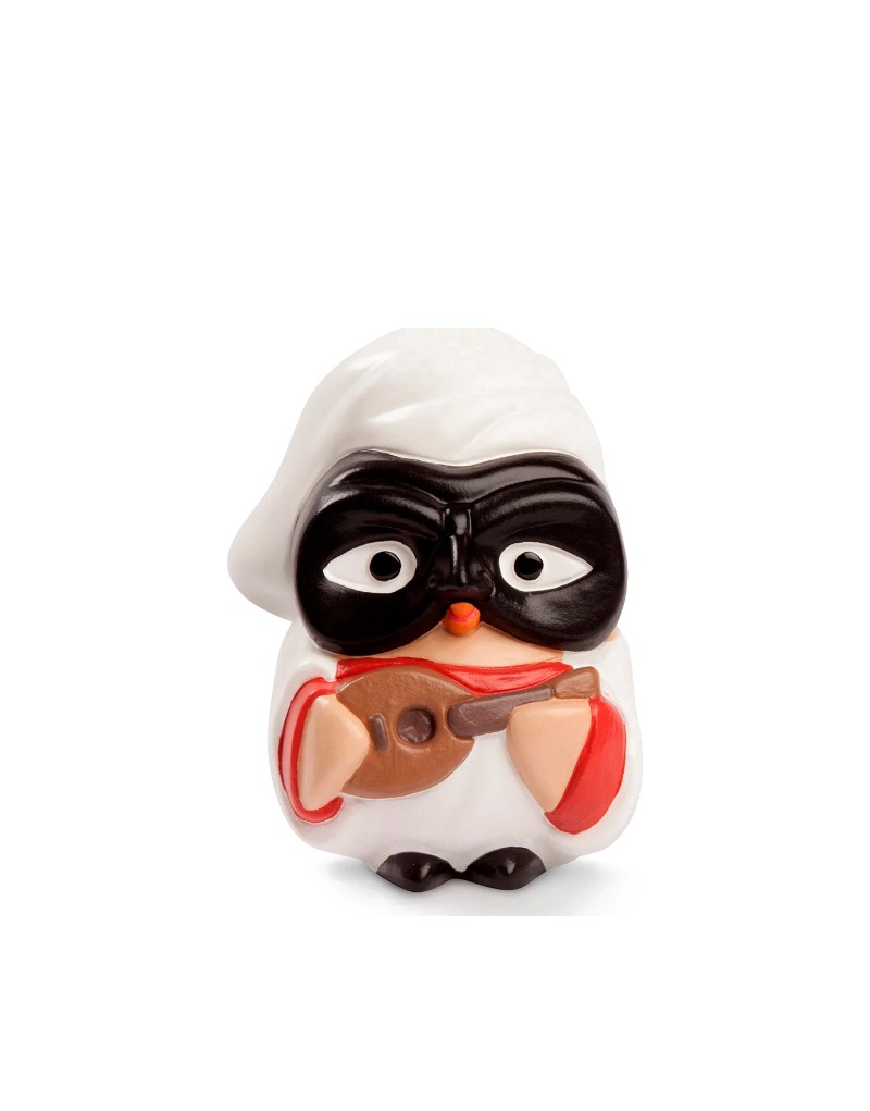 Statuina gufo Goofi Egan Pulcinella in ceramica dipinta, su fondo bianco