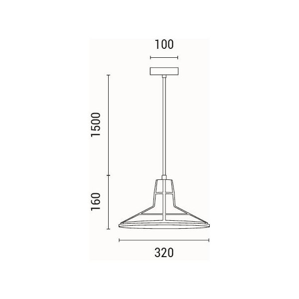 Disegno tecnico quotato. Lampada a sospensione Arme in cemento grigio a cupola larga, diametro 32 cm: diametro 320 mm, altezza del paralume 160 mm, cavo 1500 mm, rosone 100 mm