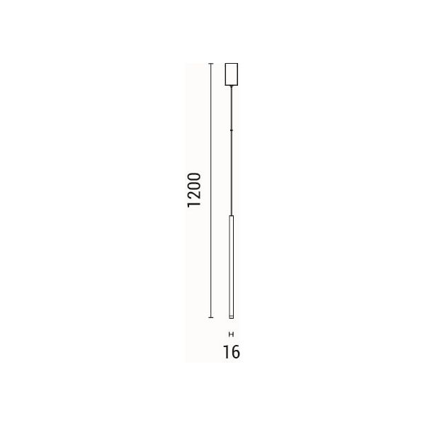 Disegno tecnico quotato della lampada a sospensione Cascade: altezza totale 1200 mm, tubo luminoso di diametro 16 mm