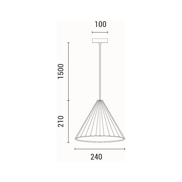 Disegno tecnico quotato. Lampada a sospensione Platre in cemento grigio plissettato, diametro 24 cm: diametro 240 mm, altezza del paralume 210 mm, cavo 1500 mm, rosone 100 mm