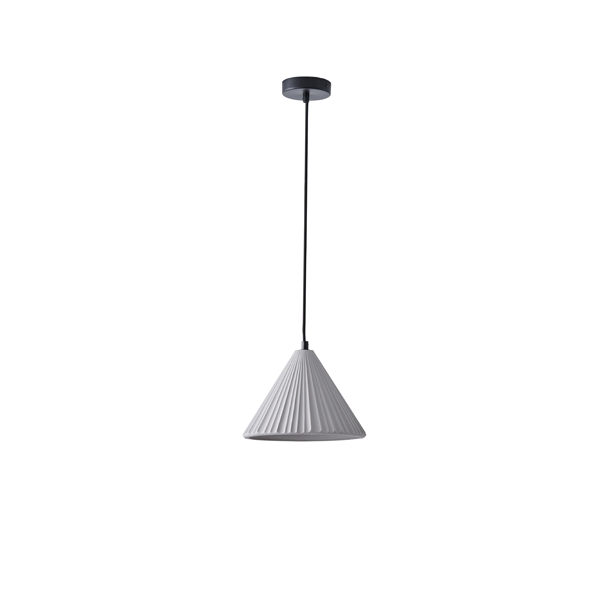 Lampada a sospensione Platre in cemento grigio plissettato, diametro 24 cm, vista intera con cavo e rosone