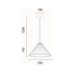 Disegno tecnico quotato. Lampada a sospensione Platre in cemento grigio plissettato, diametro 25 cm: diametro 250 mm, altezza del paralume 140 mm, cavo 1500 mm, rosone 100 mm