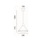 Disegno tecnico quotato. Lampada a sospensione Yeso in cemento grigio a cono, diametro 24 cm: diametro 240 mm, altezza del paralume 210 mm, cavo 1500 mm, rosone 100 mm