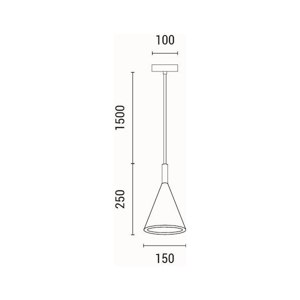Disegno tecnico quotato. Lampada a sospensione Yeso in cemento grigio a cono stretto, diametro 15 cm: diametro 150 mm, altezza del paralume 250 mm, cavo 1500 mm, rosone 100 mm